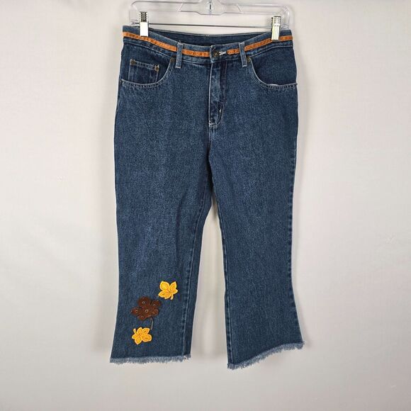 S.L.A. Jeans Junior 7 8 Cut Off Floral Embroidered Straight Leg Medium Wash Blue - Picture 1 of 16